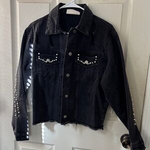 Savanna Jane Black Denim Jacket with Pearl Details